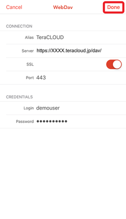 WebDAV接続情報を入力し、「Done」をタップ